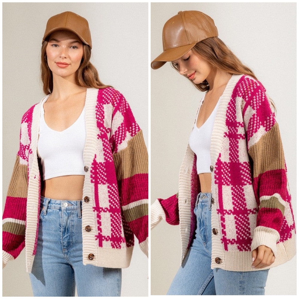 LOVERICHE Cozy Chic Mixed Knitted Magenta Oversized Cardigan